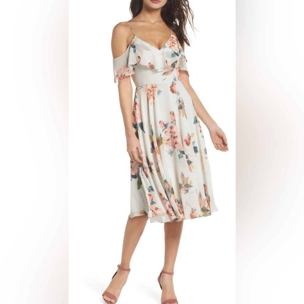 Jenny Yoo Kelli Ohana Print Chiffon cold shoulder dress, soft sage multi, size 2